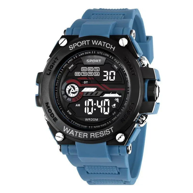 Digital electronic watch with a silicone strap shown in multiple colour options for teenagers and students.