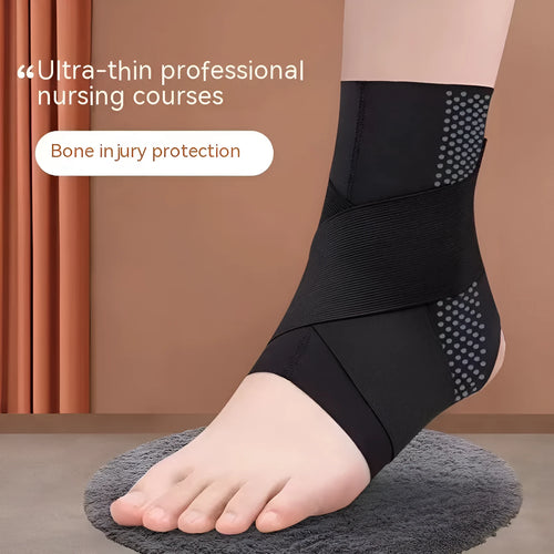 Black Lycra ankle support brace shown wrapped around an adult ankle