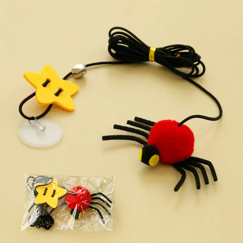 Red or yellow cat hanging door toy with elastic rope, feather, and bell for interactive play