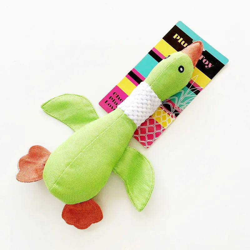 Blue plush duck dog chew toy with two squeakers measuring 33cm by 10cm