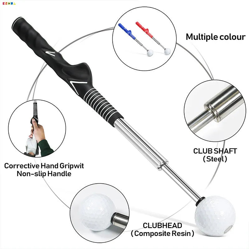 Telescopic golf swing simulator trainer in stainless steel, shown in black, blue, and red colour options.