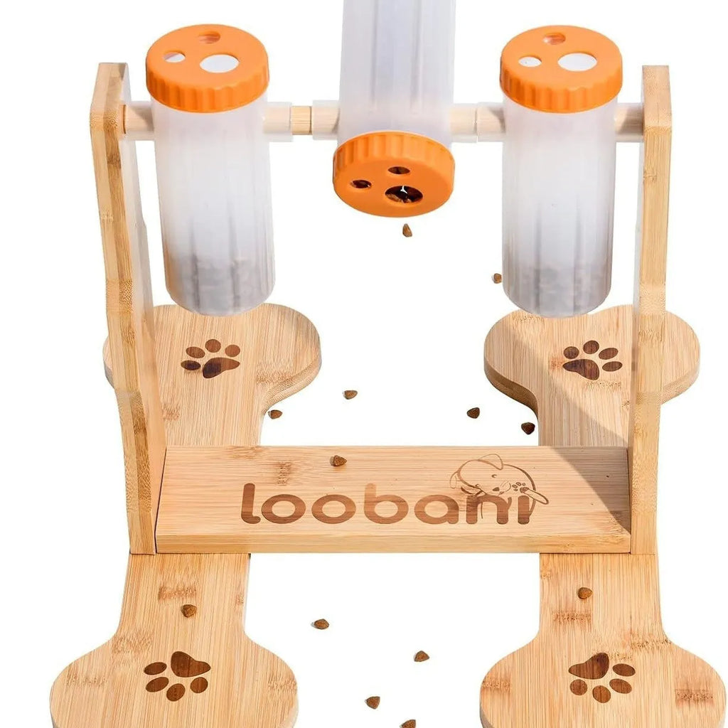 Wooden dog puzzle toy with sliding blocks showing treat compartments measuring 31x30x20cm