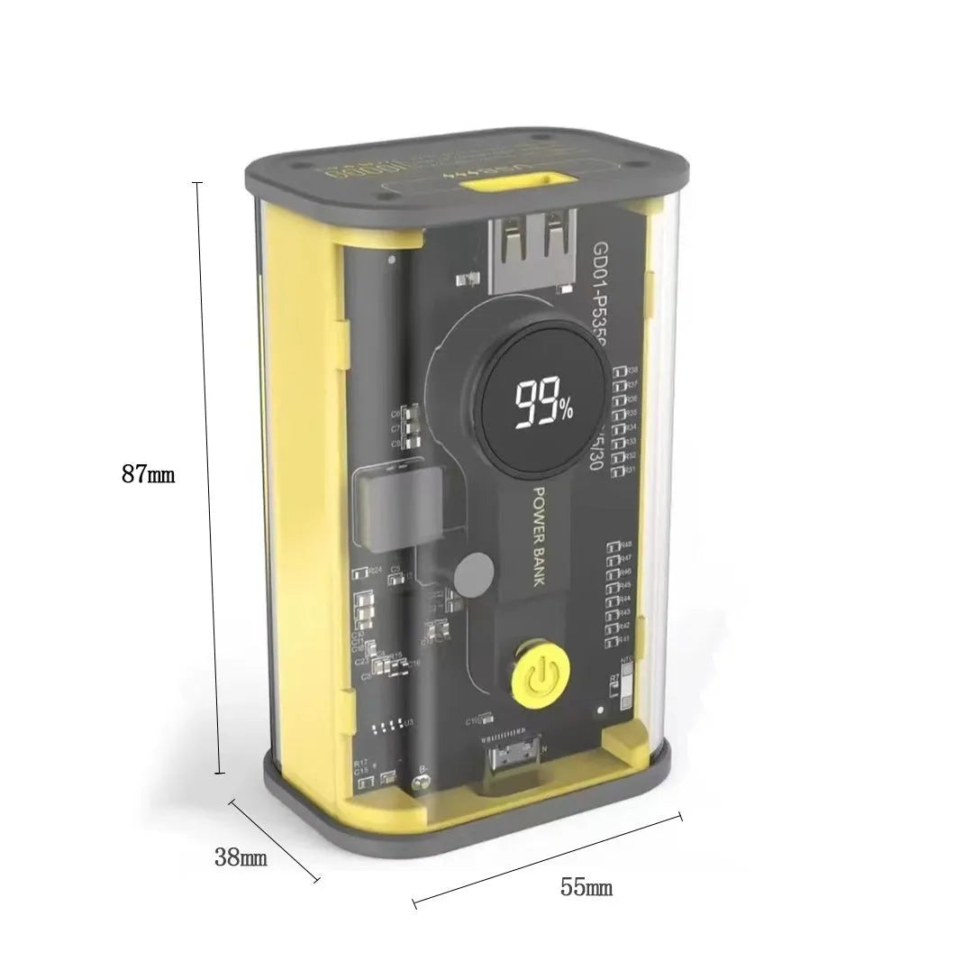 Transparent yellow industrial power bank showing internal components with 10000mAh capacity label