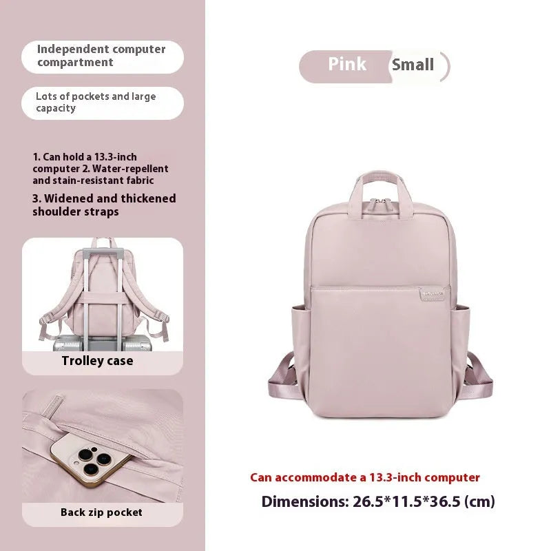 Women's canvas travel backpack in apricot colour showing multiple internal compartments including laptop section