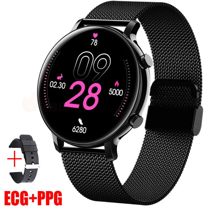 Stainless steel Bluetooth calling smartwatch with genuine leather strap showing screen display