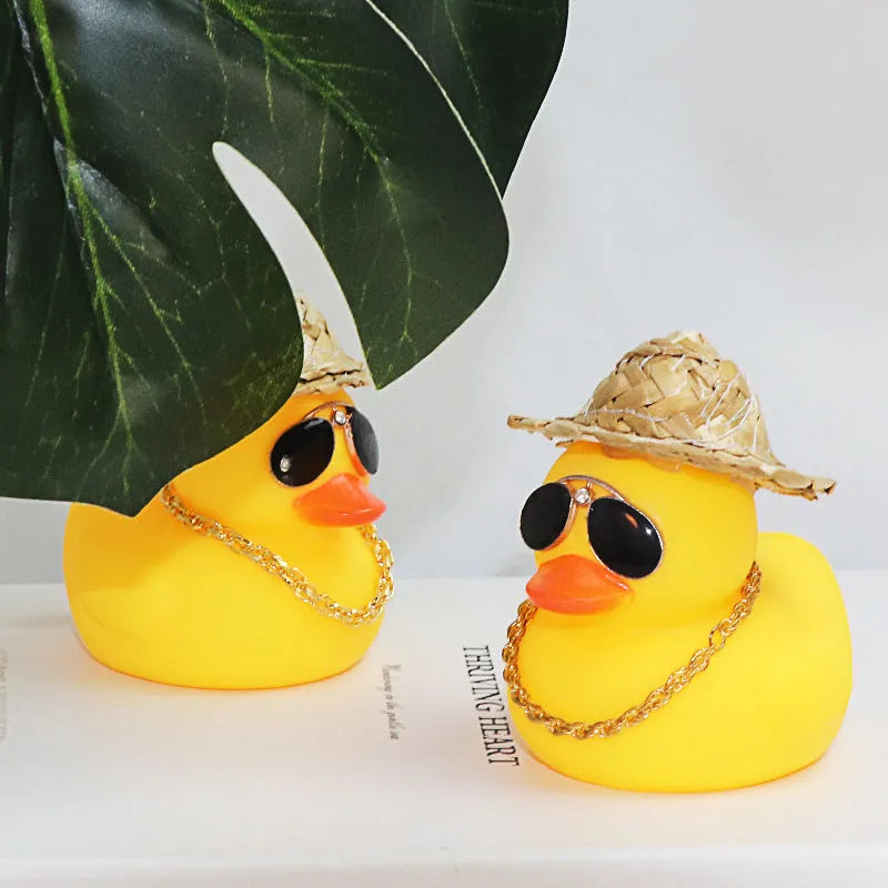 Yellow duck car dashboard ornament with straw hat and sunglasses necklace accessory