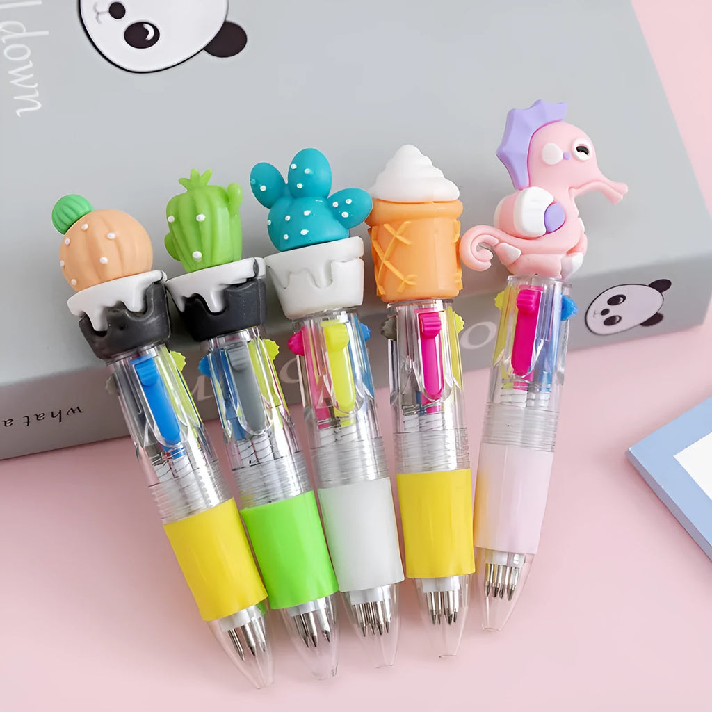 Four-colour press-action ballpoint pen with cartoon-themed refills and 0.7mm bullet tip