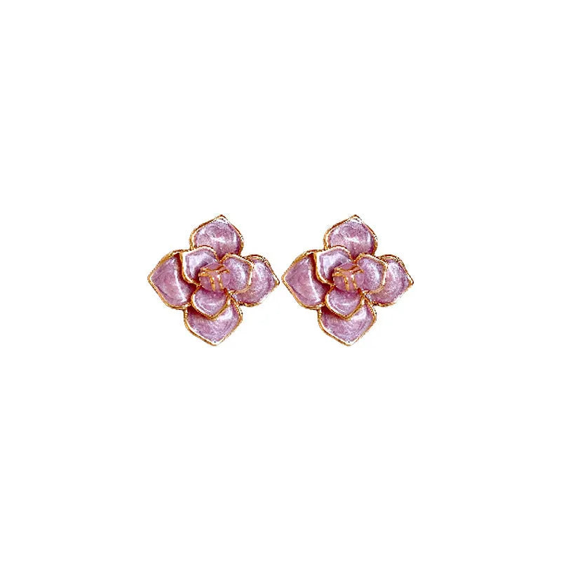 Golden-purple oil-spot glaze flower stud earrings with gold plating on copper material