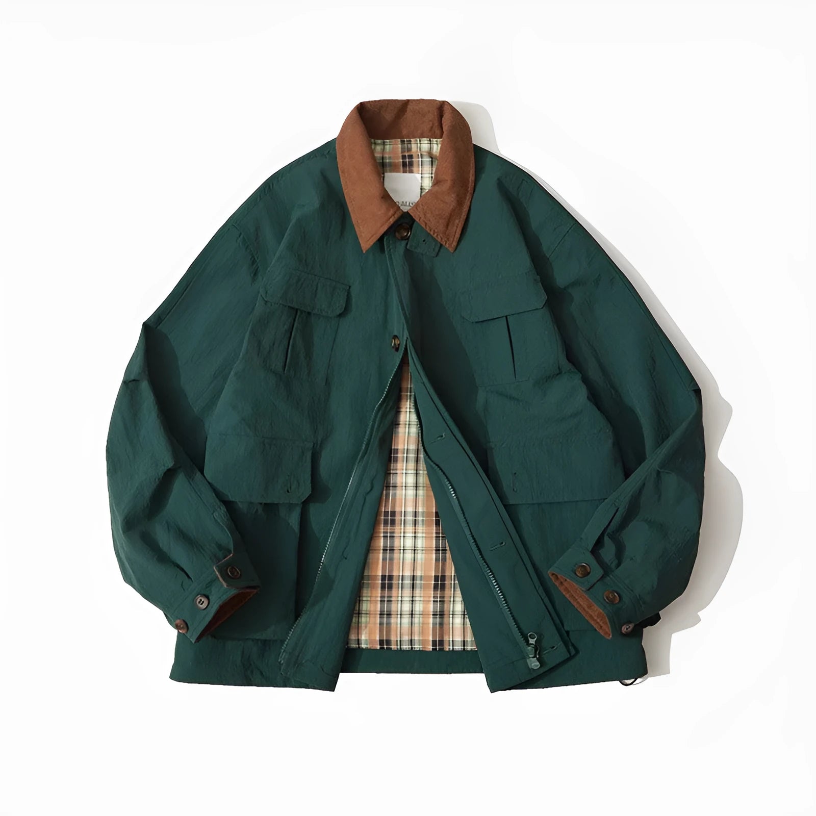 Men's and women's solid colour casual jacket with side seam pockets in green or apricot.