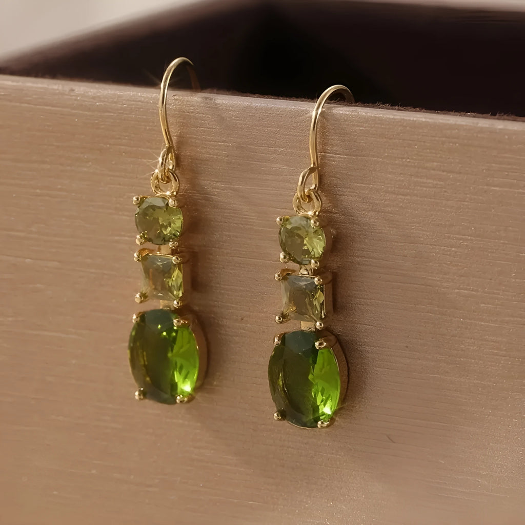 Green geometric copper earrings with quadrilateral shape in retro bohemian style