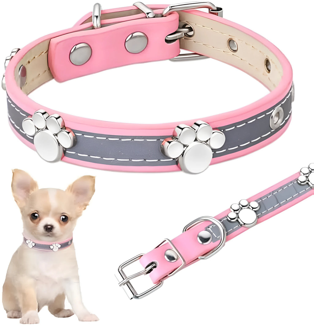 Reflective adjustable PU leather dog collar with a metal paw-shaped rivet on a size chart.