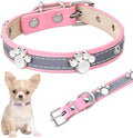 Reflective adjustable PU leather dog collar with a metal paw-shaped rivet on a size chart.