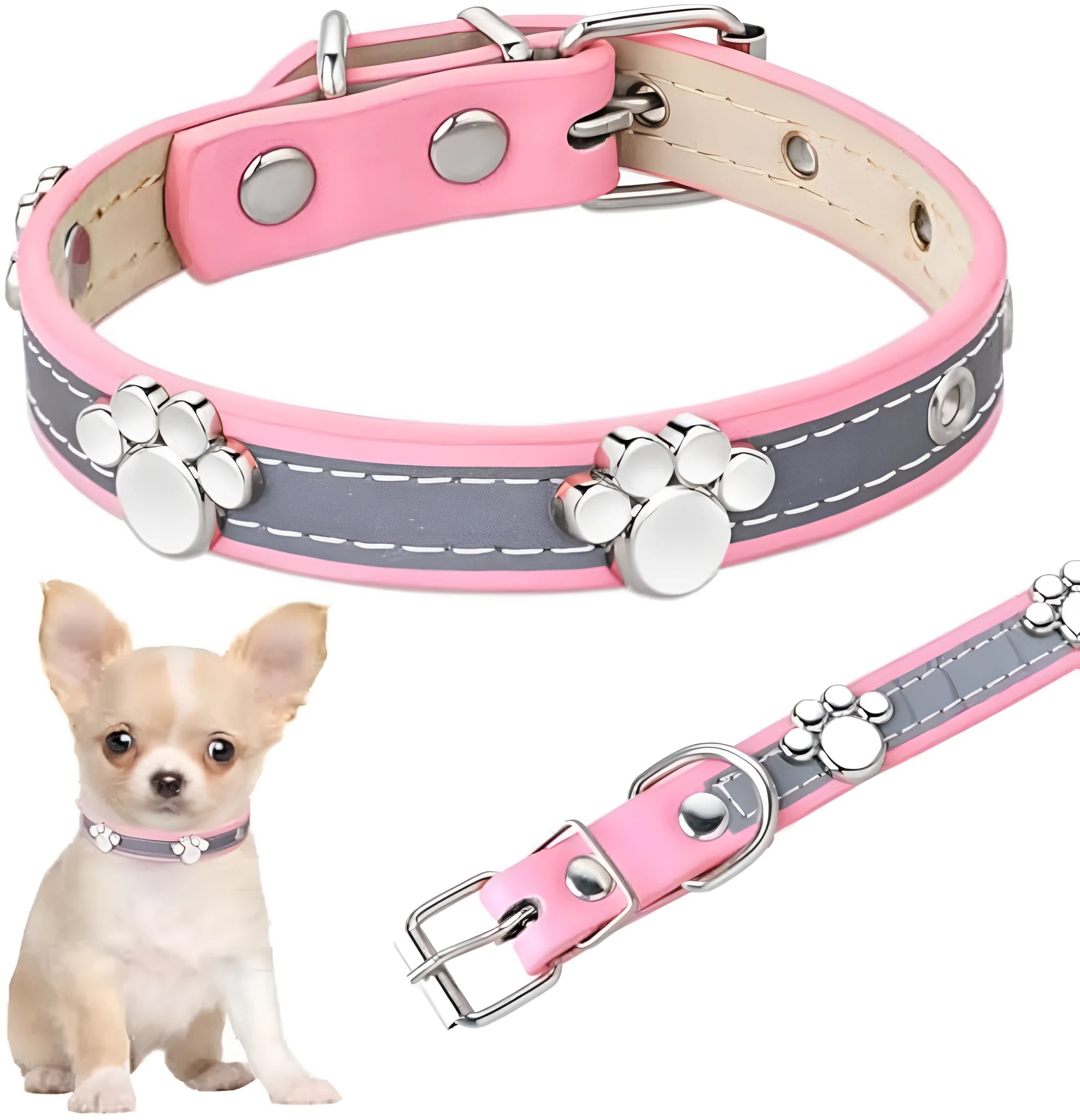 Reflective adjustable PU leather dog collar with a metal paw-shaped rivet on a size chart.