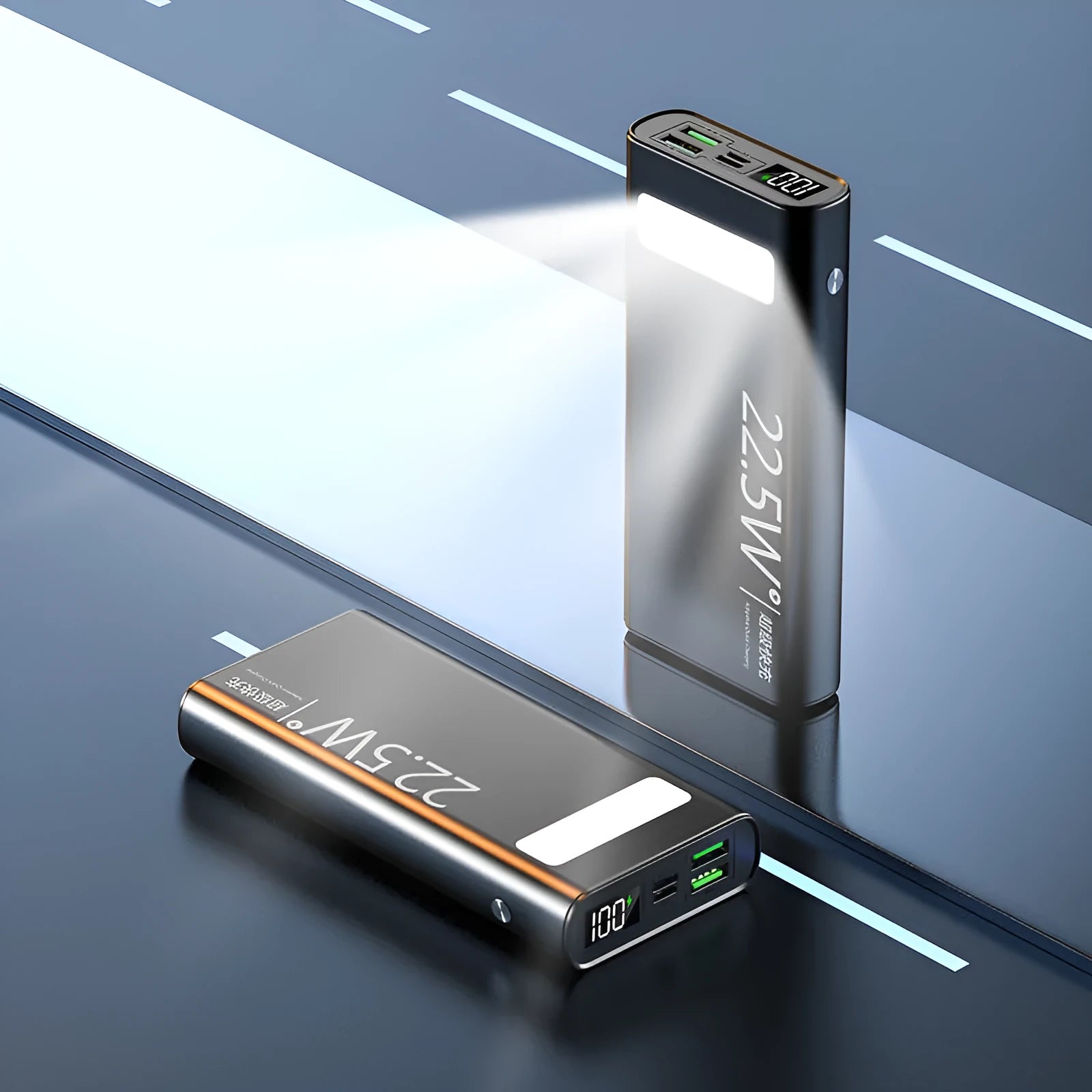 Alloy 22.5W super fast charging power bank with LCD display showing battery percentage