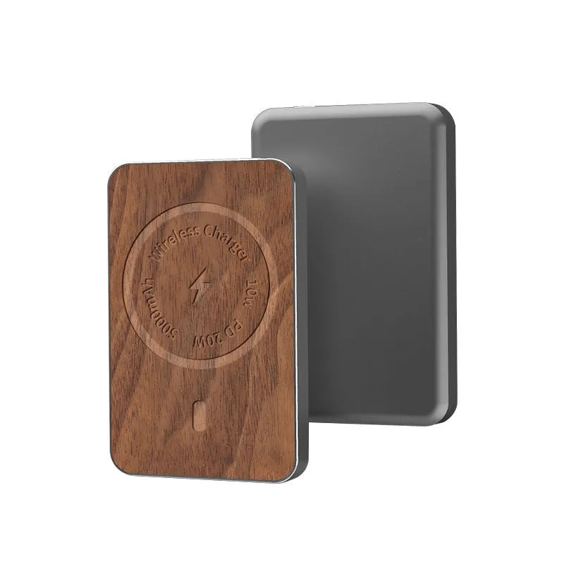 Khaki coloured magnetic wireless charging power bank with USB port showing dimensions