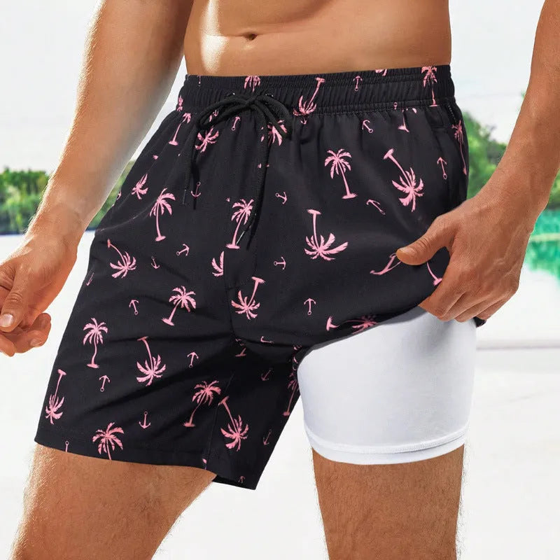 Men's loose boxer cut swimming trunks in quick-drying spandex fabric with micro-elastic properties