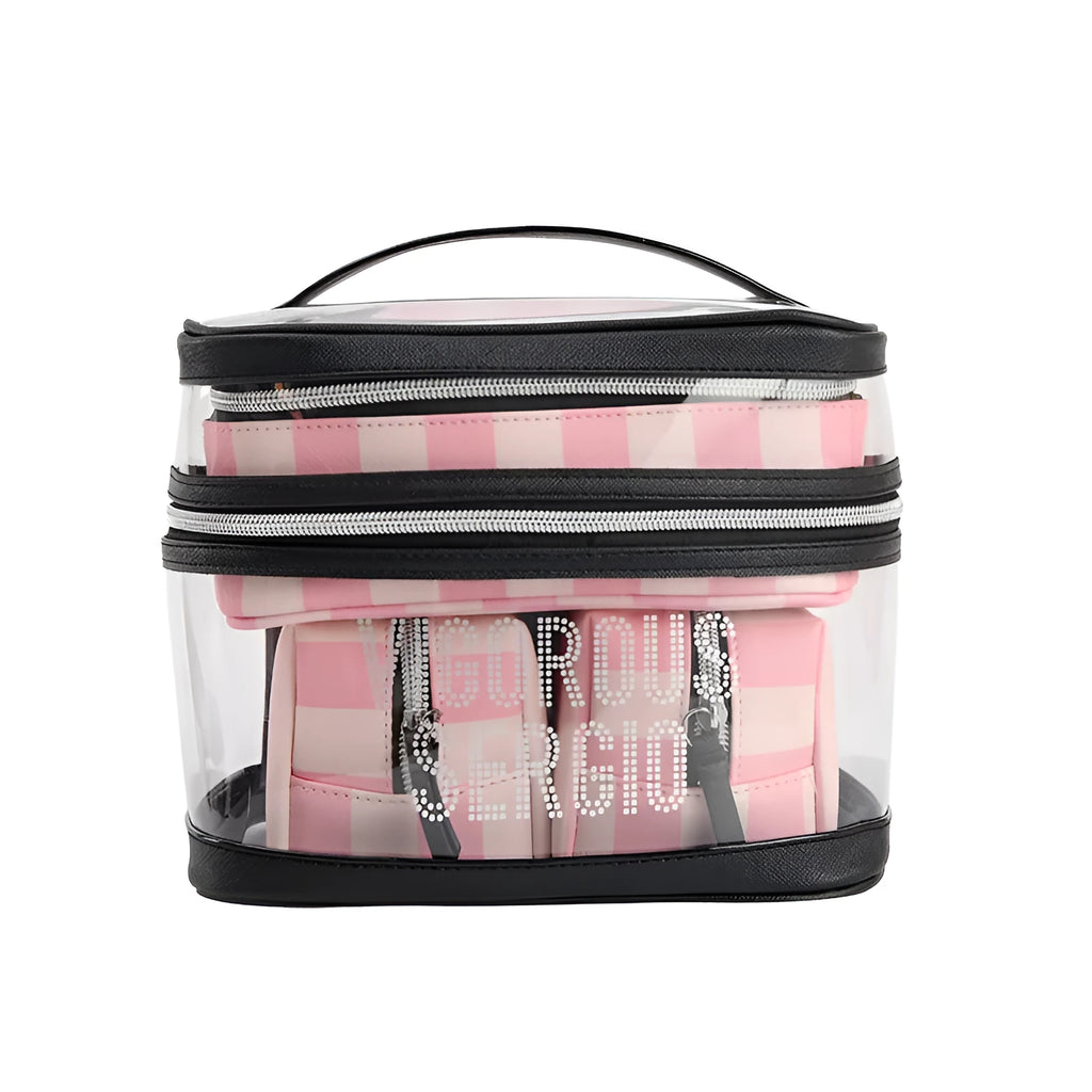 Pink bold stripes floral pattern waterproof synthetic leather makeup bag with folding design