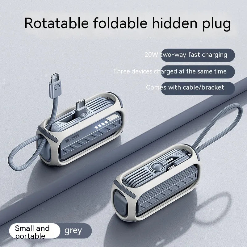 Capsule 20W fast charge folding bracket 5000mAh mini power bank in grey with built-in cables
