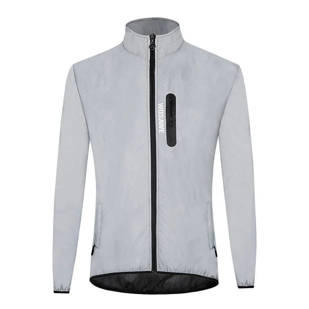Silver waterproof polyester windproof long sleeved jacket showing front view