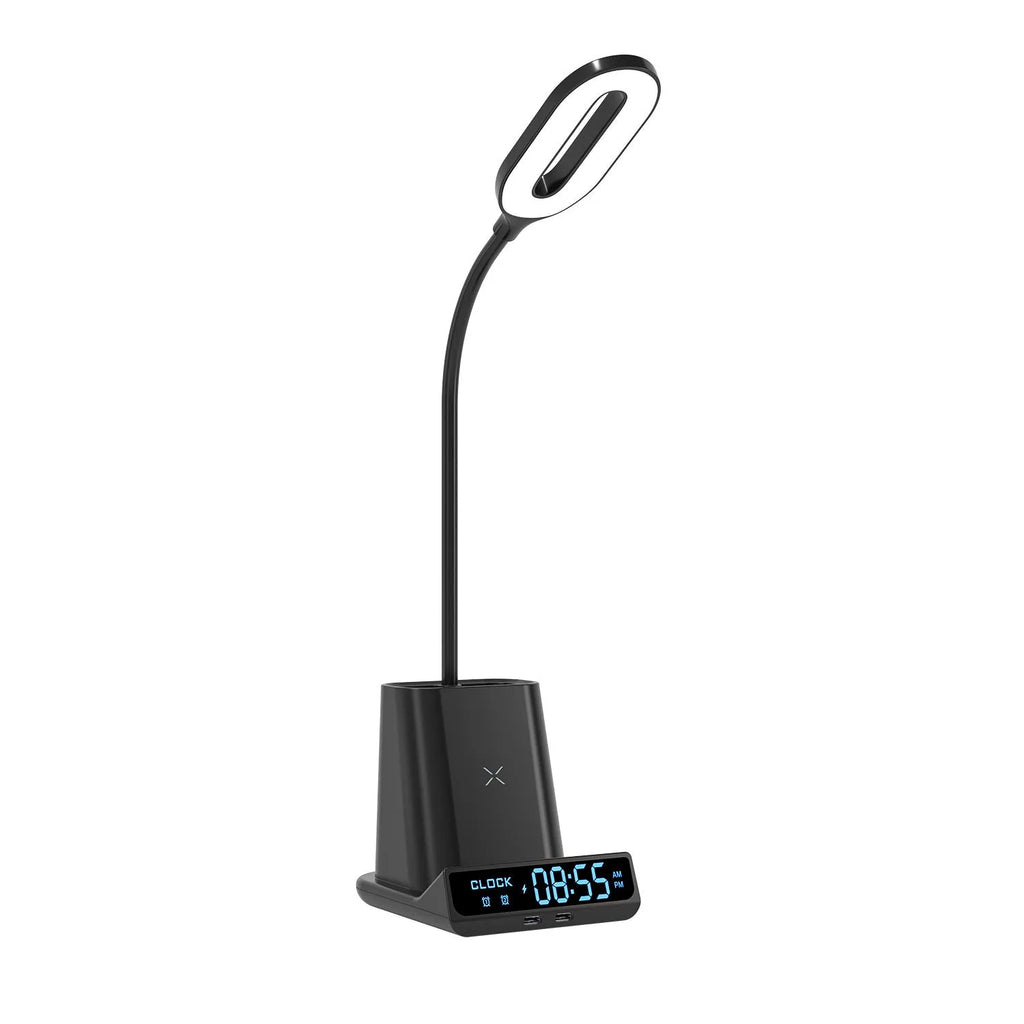 Modern black and white wireless charging desk lamp with integrated pen holder and storage box compartments.