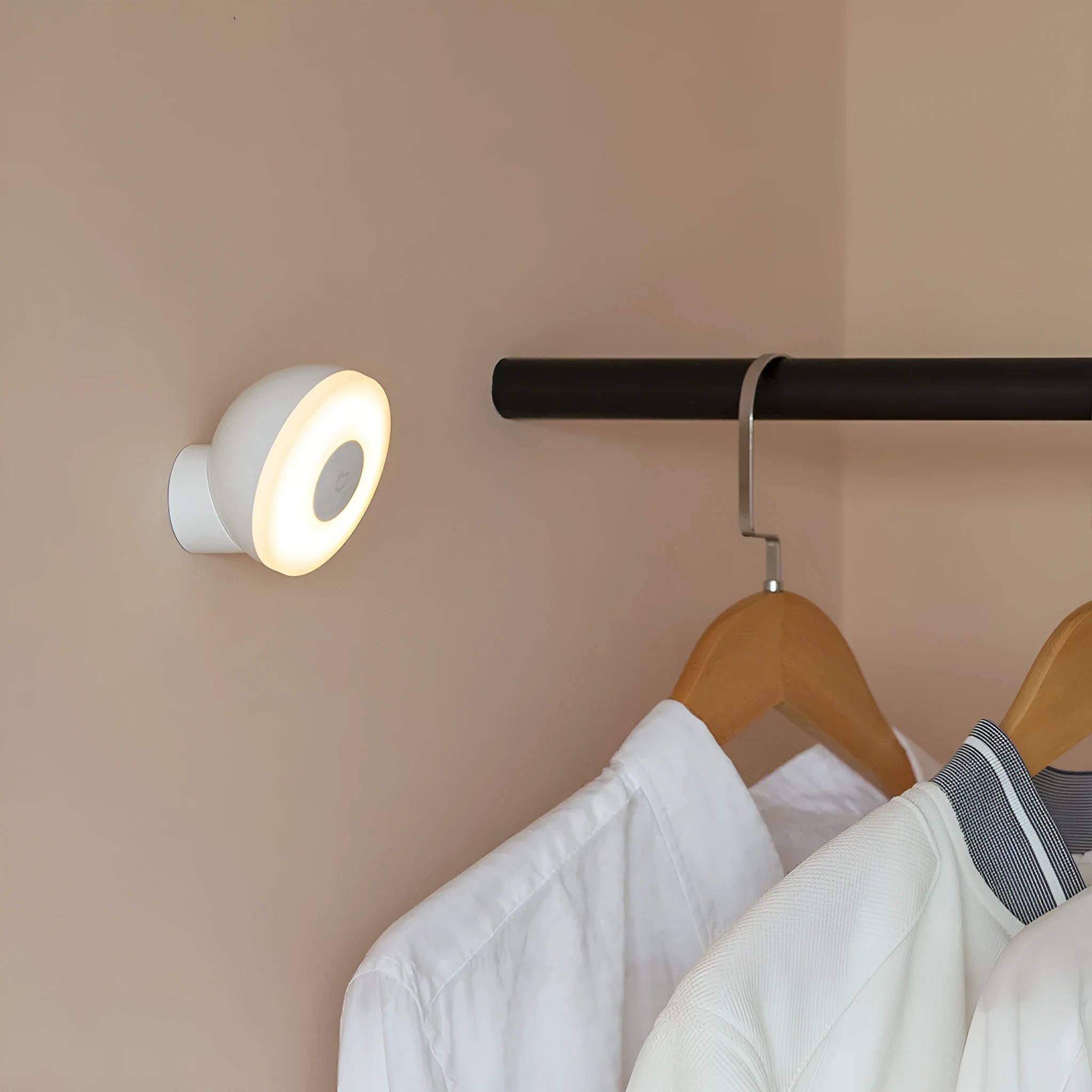 White square Mijia Bluetooth bedside table lamp with motion sensor on a wooden nightstand.