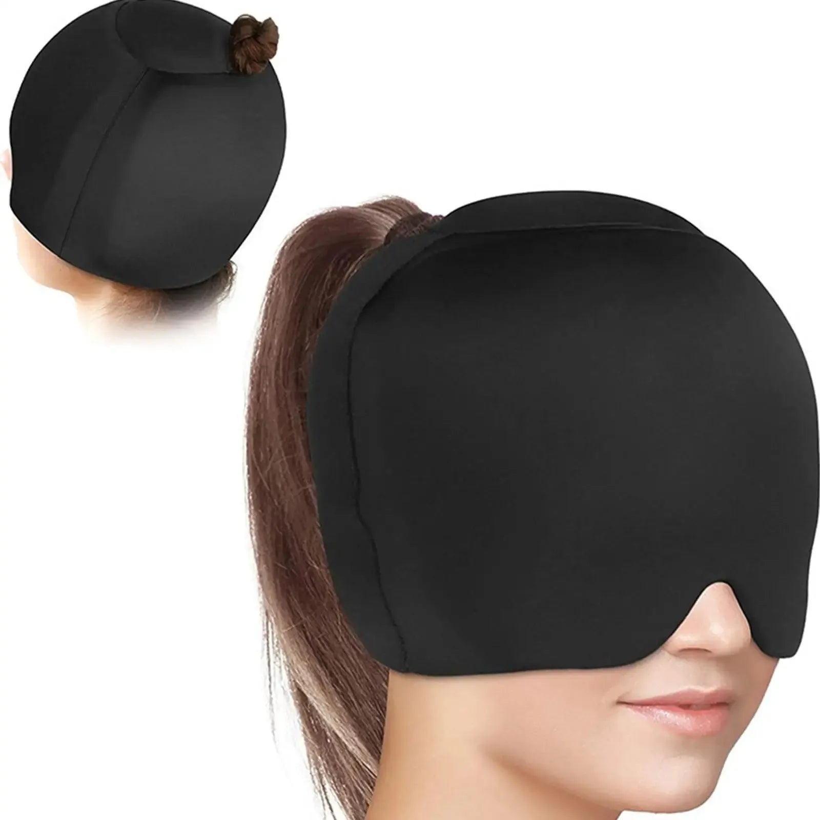 Simple solid colour cold compress headache cap shown in black, pink, and dark blue.