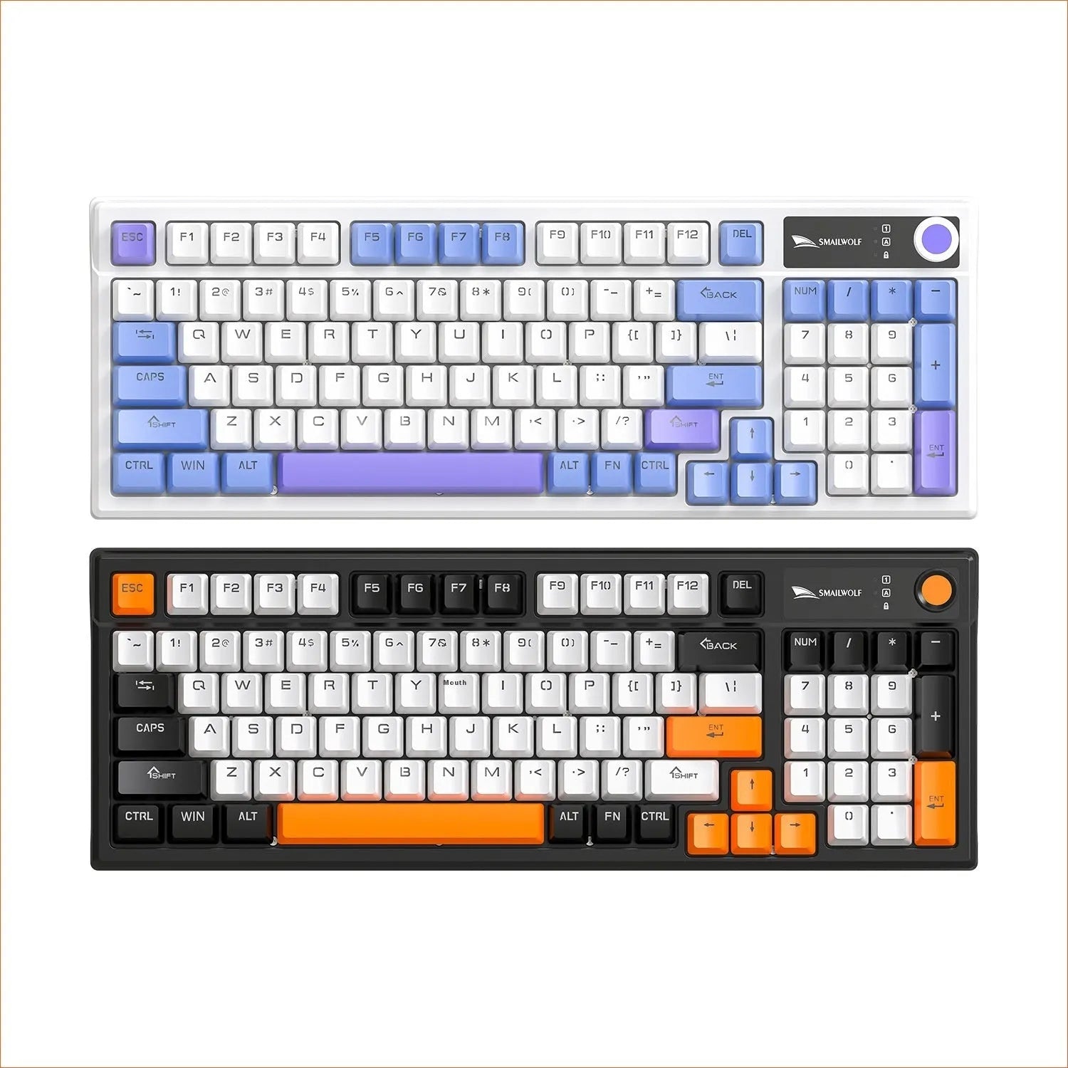 SK15 wired mechanical gaming keyboard with control knob in three colour options: Black, Sunset Orange, and Autumn Water Blue