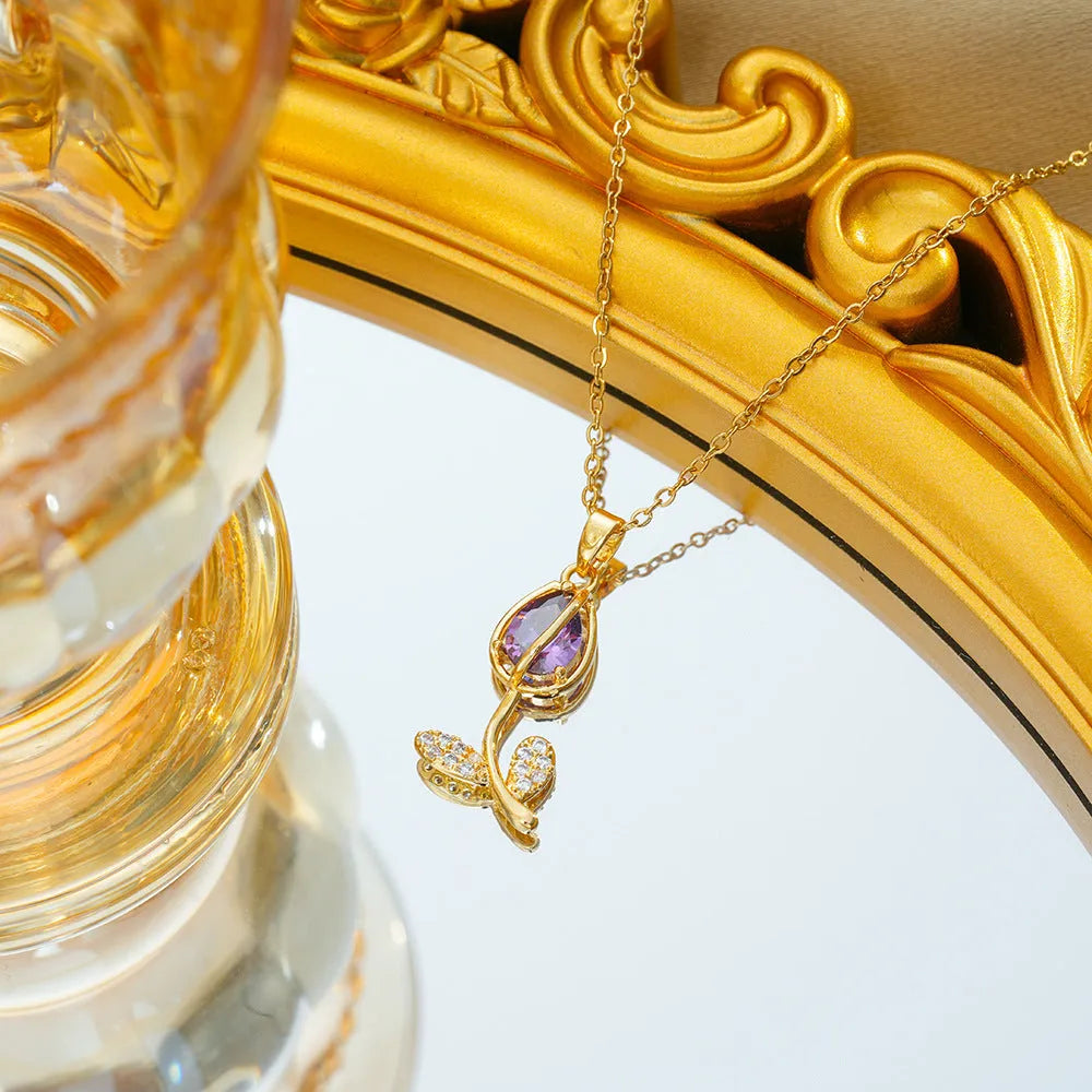 Zircon tulip necklace with titanium steel chain and copper-plated gold flower pendant in C383 gold colours
