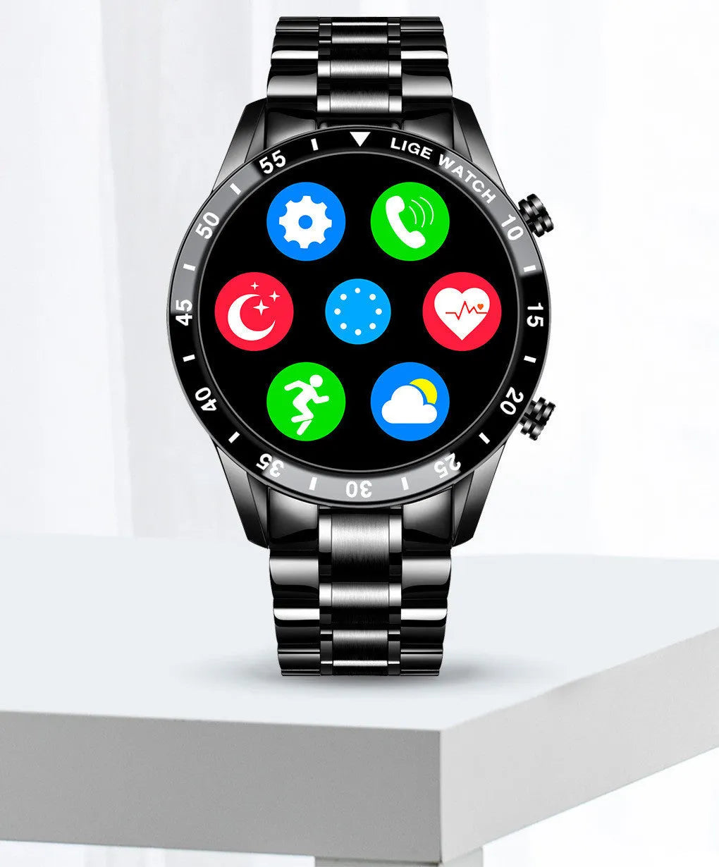 Smart watch with stainless steel band showing 1.3 inch touch screen display
