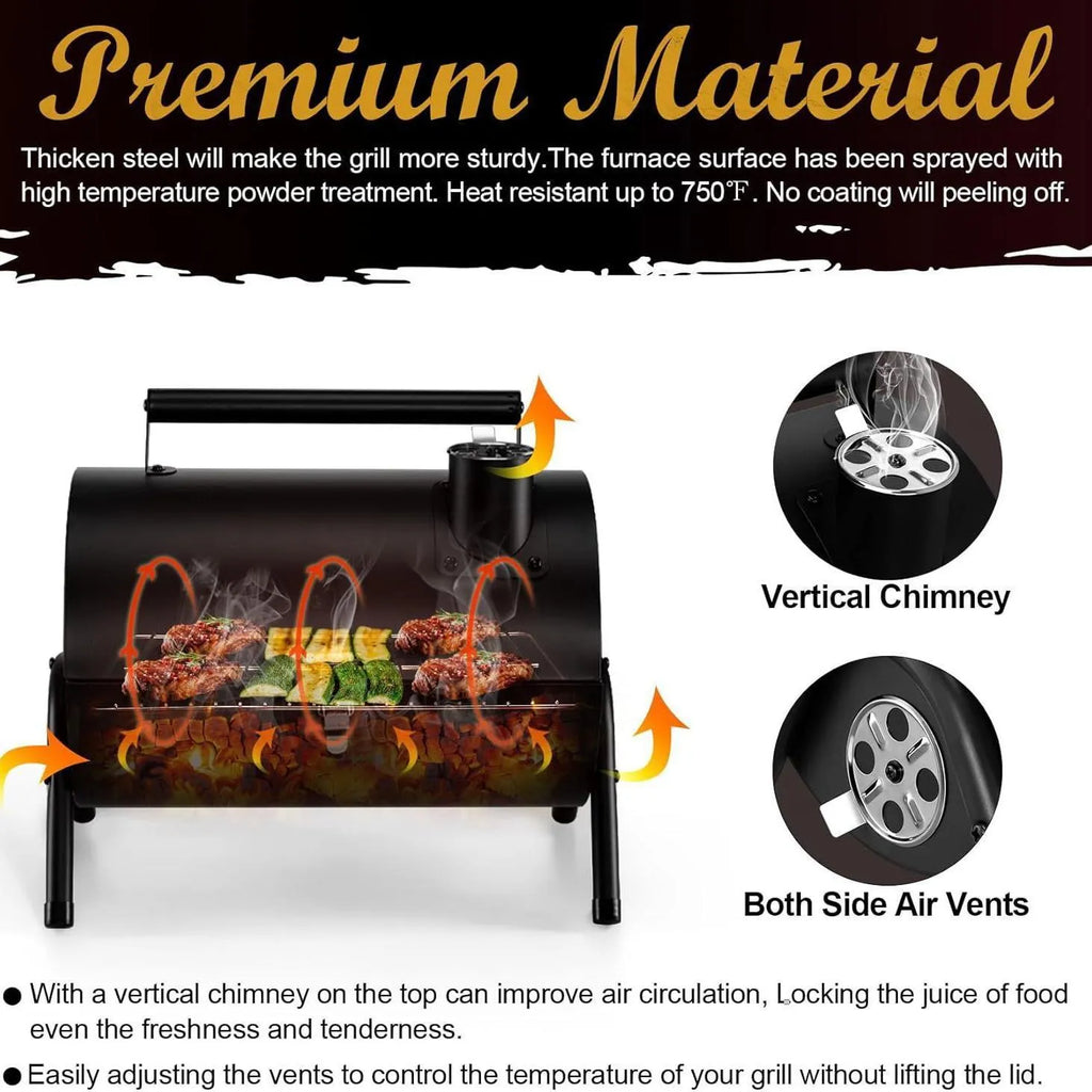 Small foldable desktop charcoal barbecue grill with grill grate, shown in closed and open positions.