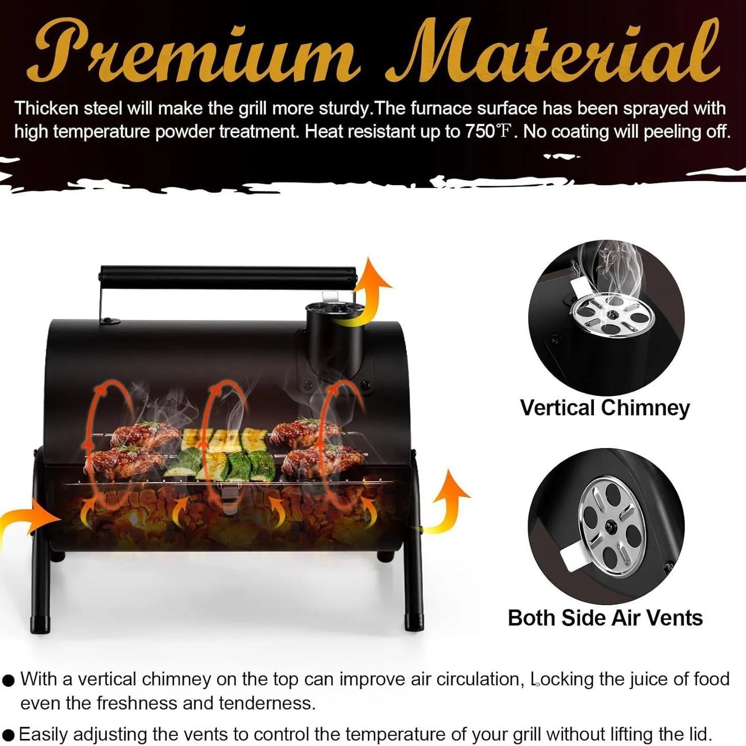 Small foldable desktop charcoal barbecue grill with grill grate, shown in closed and open positions.