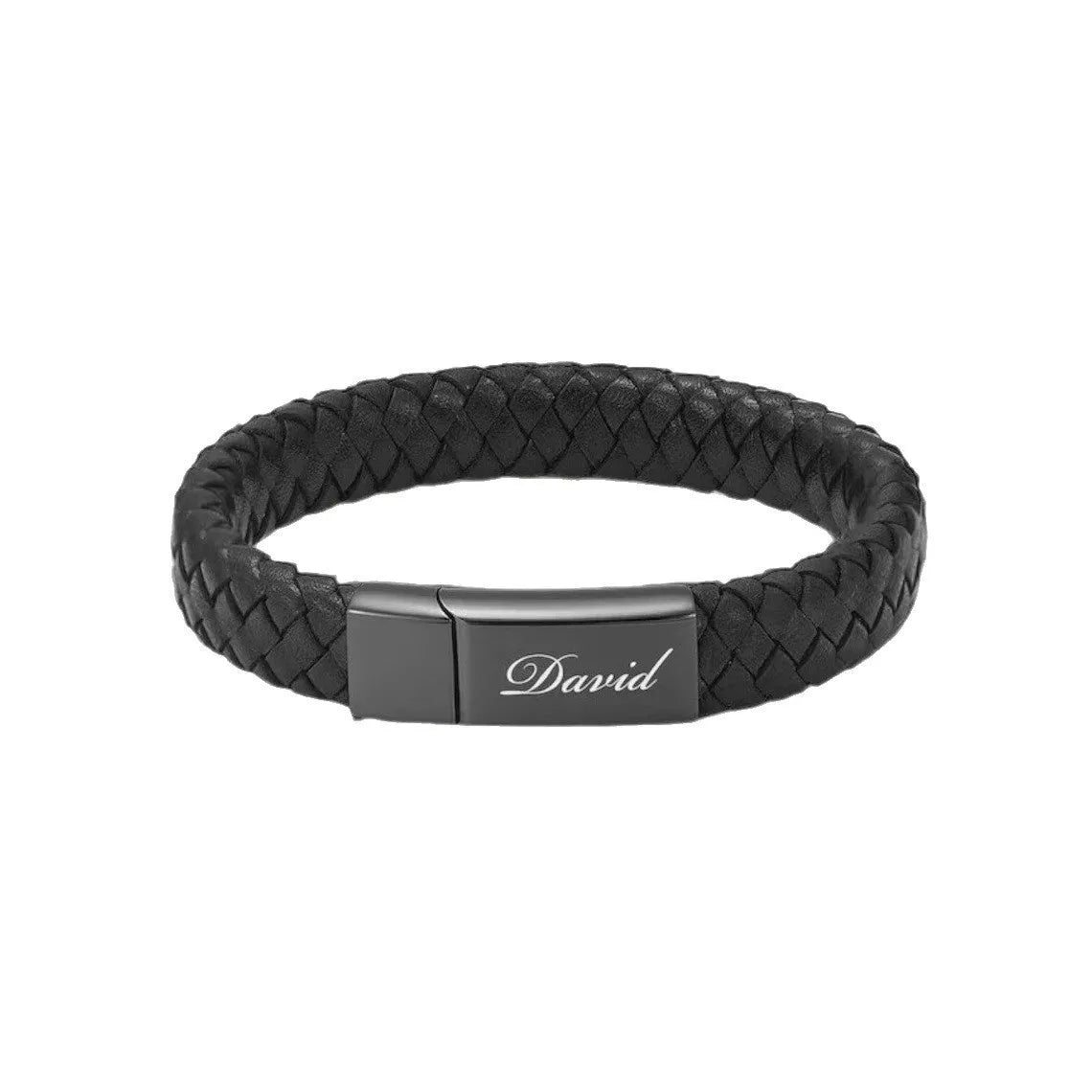 Black stainless steel and leather woven casket bracelet with English text, in a gift box.