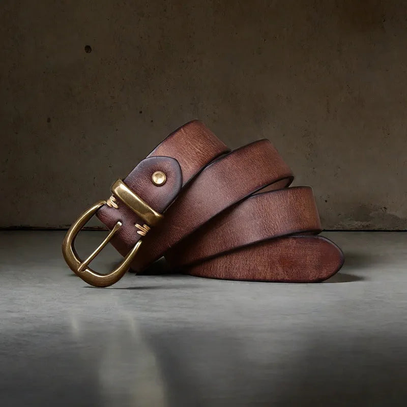 Men's casual jeans belt in genuine cowhide leather with copper buckle