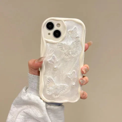 Three-dimensional butterfly phone case in transparent silicone with raised epoxy decoration for iPhone