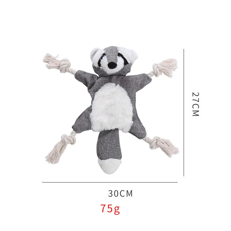 Brown plush fox dog toy with embroidered eyes, cotton rope limbs, and a squeaker.
