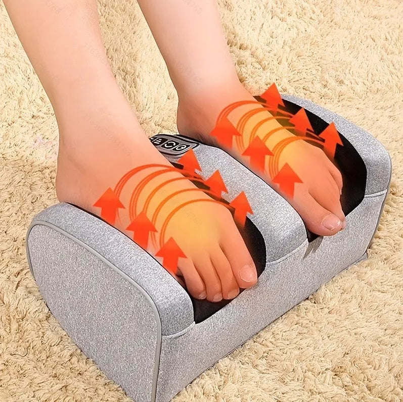 Household foot massager machine showing different colour options and massage modes