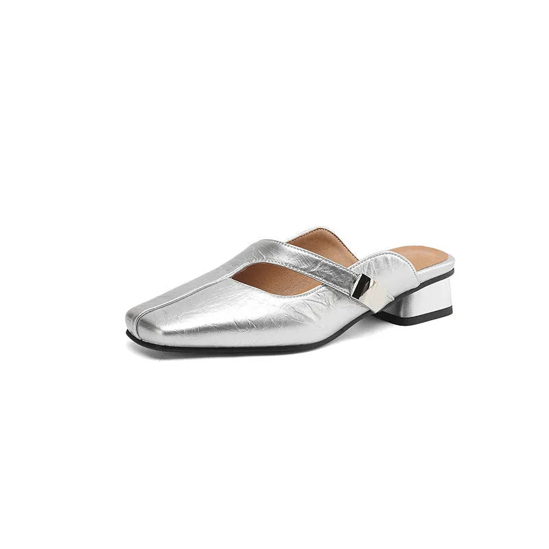 British style square head outdoor slippers in black with low heel and rubber sole