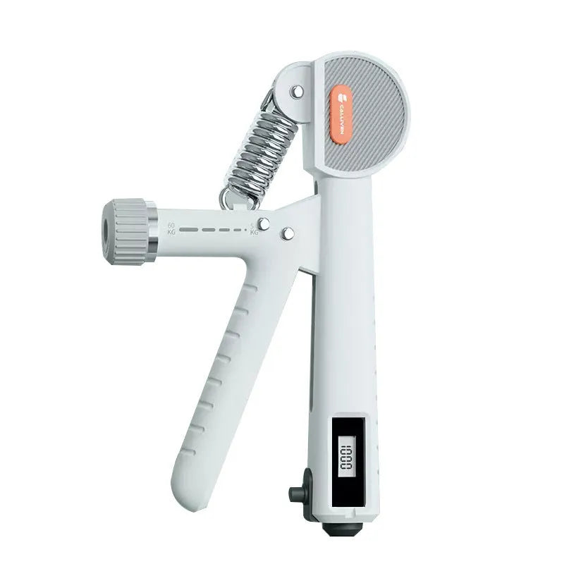 Adjustable spring grip hand trainer in ABS plastic for fitness and therapeutic massage applications
