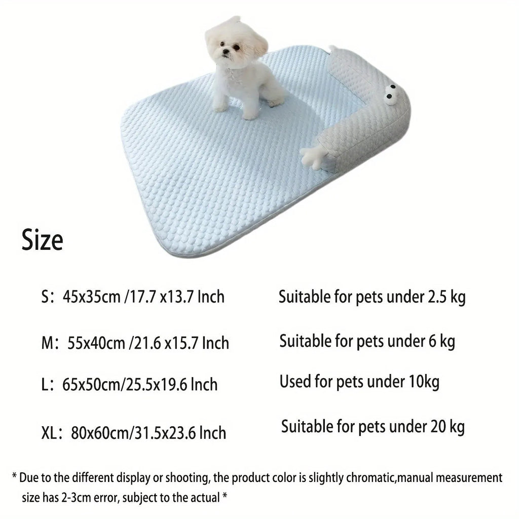 Blue pet bed with big-eyed monster design for dogs and cats, showing non-slip base and breathable fabric.