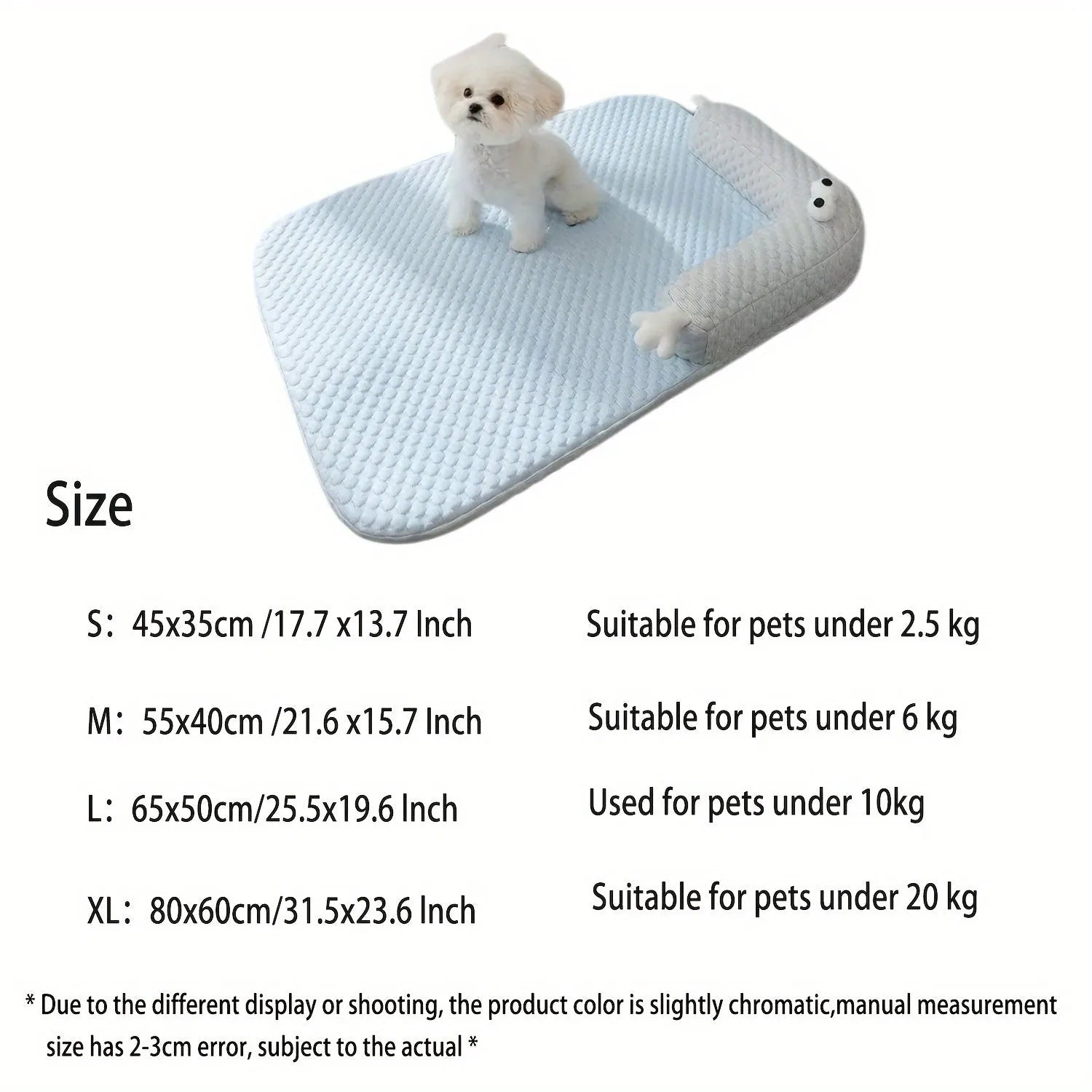 Blue pet bed with big-eyed monster design for dogs and cats, showing non-slip base and breathable fabric.