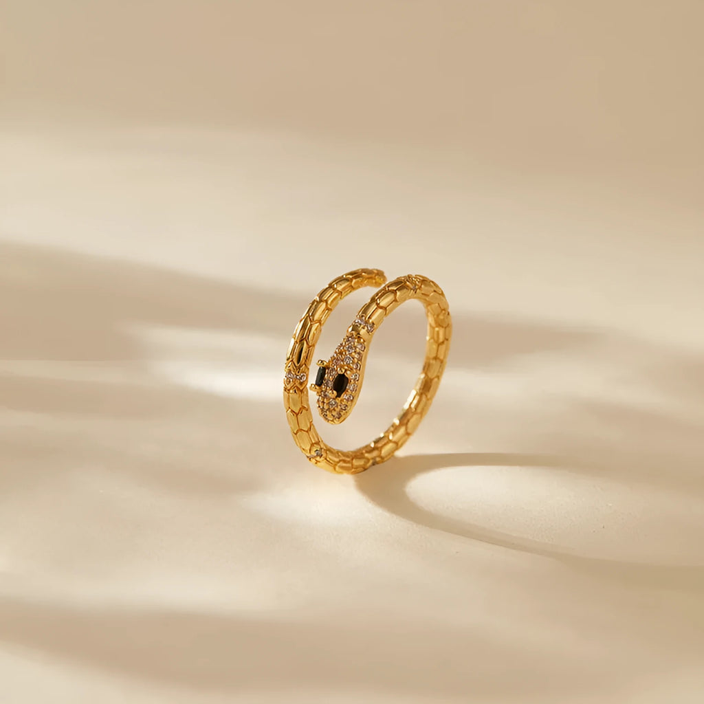 Adjustable snake-shaped copper ring with 18K gold colour plating for index finger