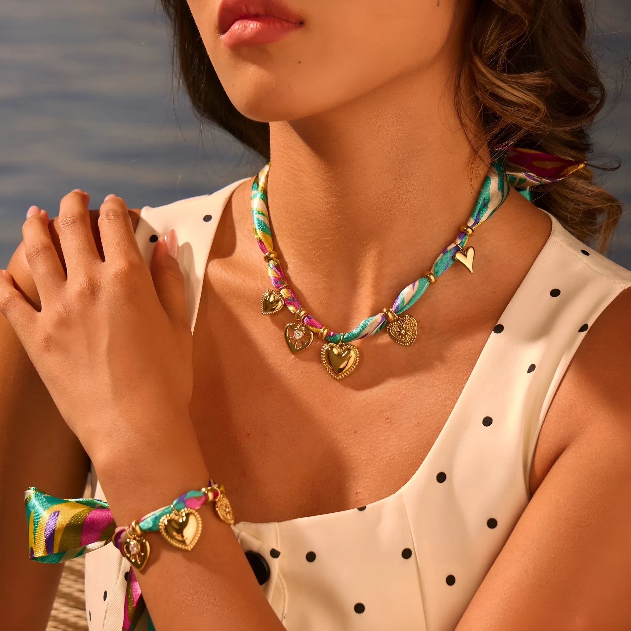 Women's stainless steel geometric pendant necklace and bracelet set with 18K gold electroplated finish