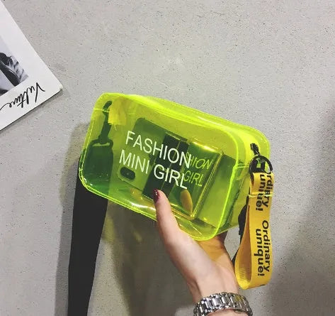 Transparent square jelly shoulder bag with adjustable strap showing mobile phone compartment