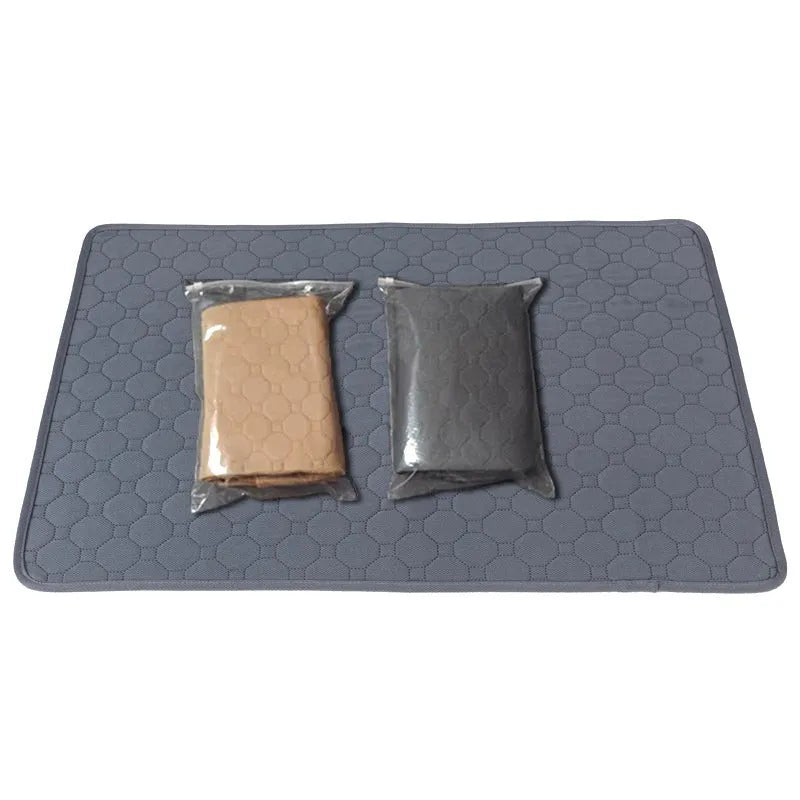 Grey and tan washable dog pee pads measuring 18x24 inches with waterproof backing