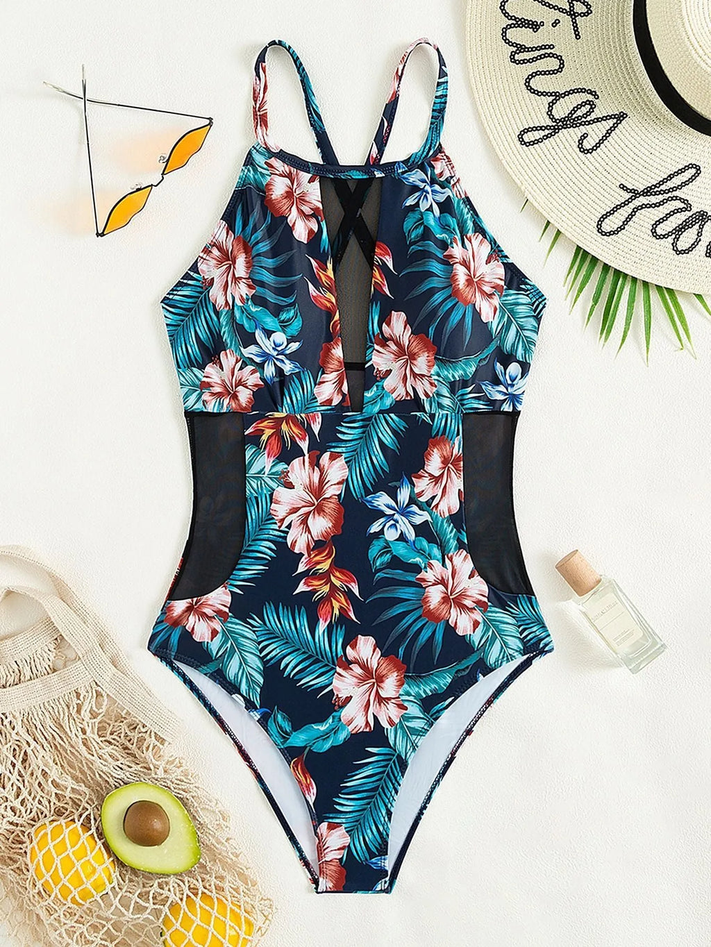 Women's deep V-neck one-piece swimsuit showing front design with polyester lining