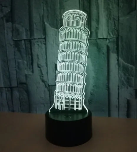 Leaning Tower of Pisa 3D acrylic nightlight with colour changing LEDs on black ABS base