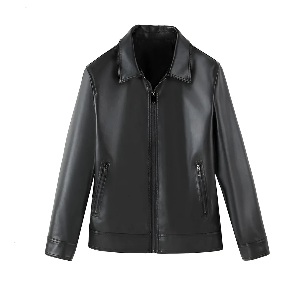 Men's solid black PU leather casual jacket with zipper pockets on a model