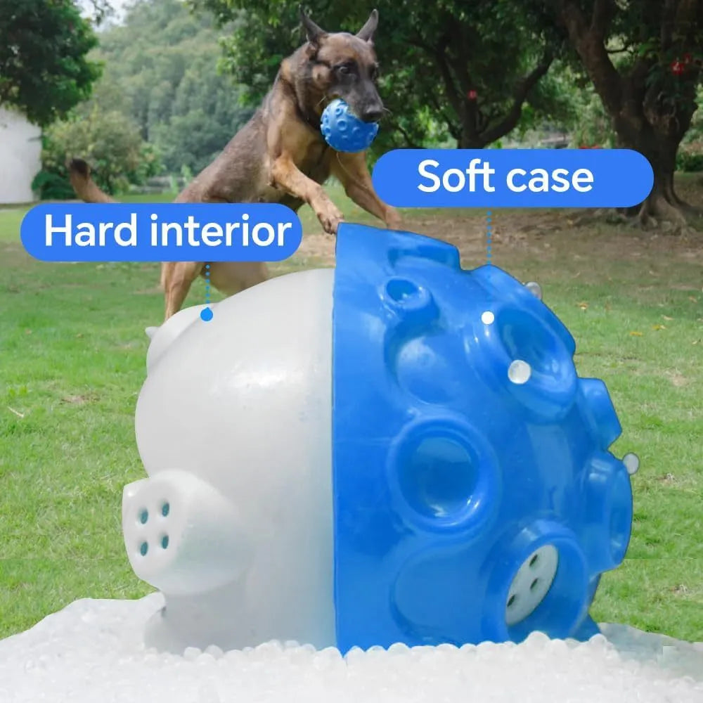 Durable natural rubber dog ball toy with magical squeaky sound for aggressive chewers in five colour options
