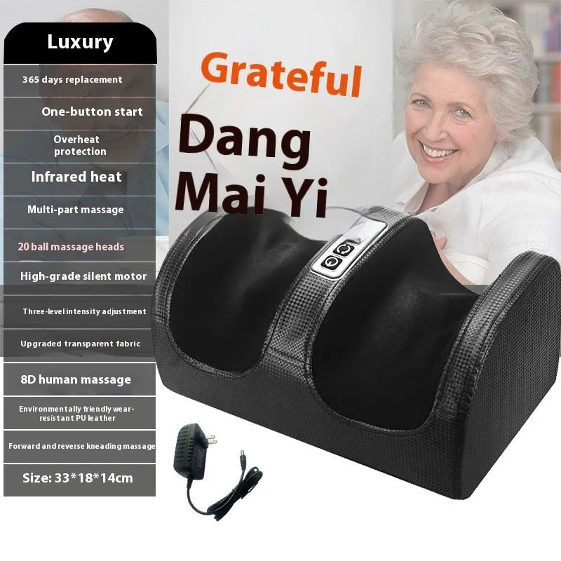 Household foot massager machine showing different colour options and massage modes