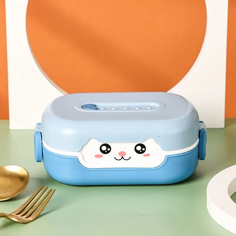 Square plastic lunch box with divided compartments, shown in dark blue, orange yellow, and pink and green colours.